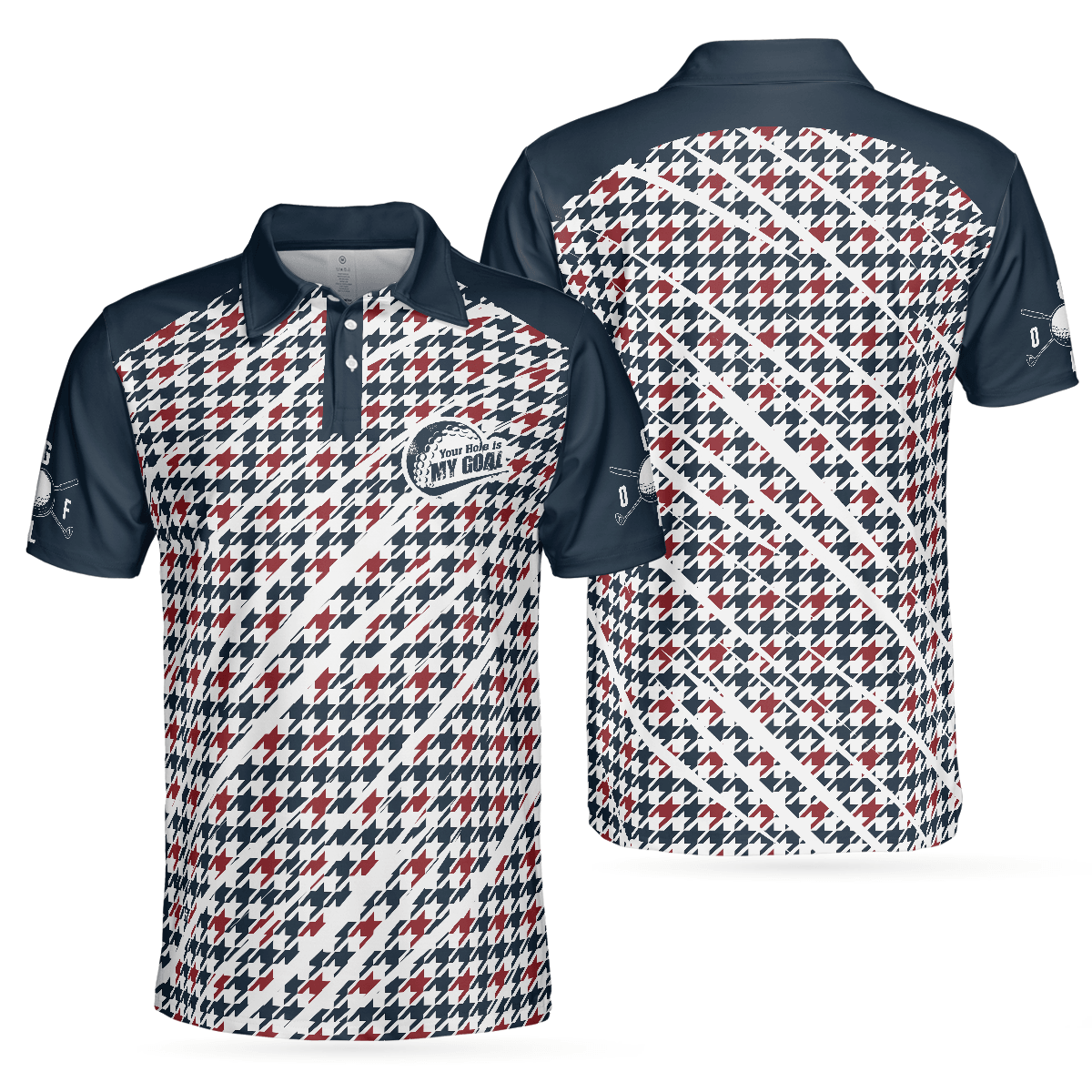 Men Golf Polo Shirt - Trendy Red & Blue Houndstooth Pattern Golf Shirt, Your Hole Is My Goal Polo Shirt - Perfect Gift For Men - Amzanimalsgift