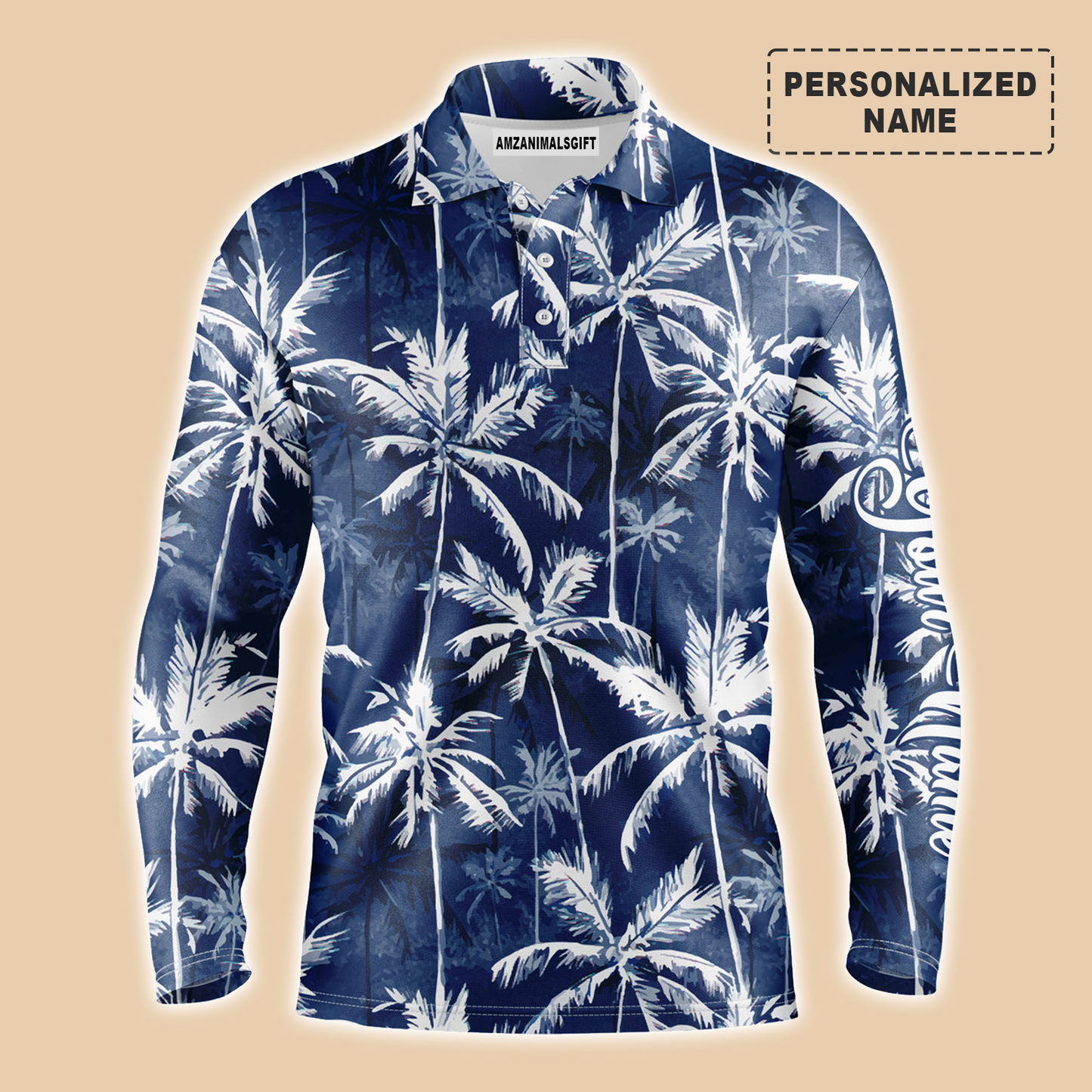 Tropical Background Long Sleeve Polo Shirt Customized Name Blue Watercolor Palms Men Apparel, Best Golf Outfit For Men