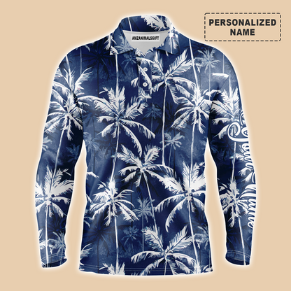 Tropical Background Long Sleeve Polo Shirt Customized Name Blue Watercolor Palms Men Apparel, Best Golf Outfit For Men