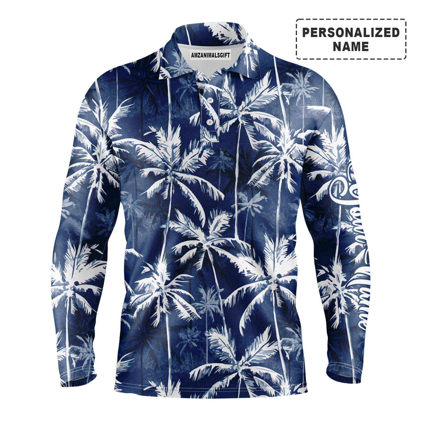 Tropical Background Long Sleeve Polo Shirt Customized Name Blue Watercolor Palms Men Apparel, Best Golf Outfit For Men