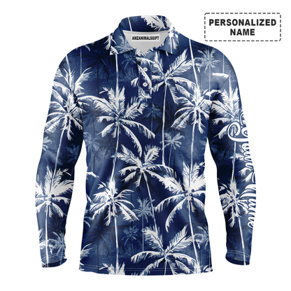 Tropical Background Long Sleeve Polo Shirt Customized Name Blue Watercolor Palms Men Apparel, Best Golf Outfit For Men
