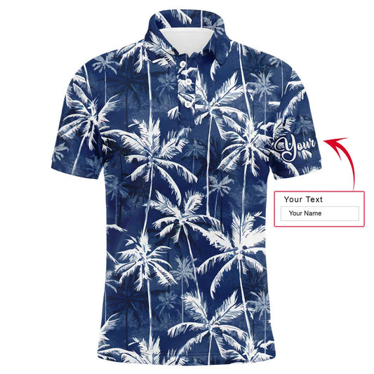 Men Golf Polo Shirt - Tropical Background Blue Watercolor Palms Custom Name Golf Men Polo Shirt - Personalized Gift For Golf Lover, Team, Golfer - Amzanimalsgift