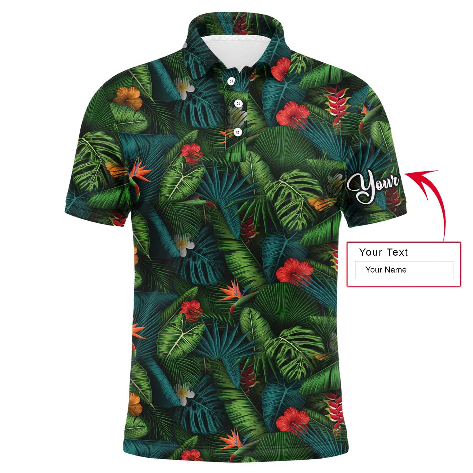 Men Golf Polo Shirt - Tropical Summer Leaves Background Custom Name Golf Men Polo Shirt - Personalized Gift For Golf Lover, Team, Golfer - Amzanimalsgift