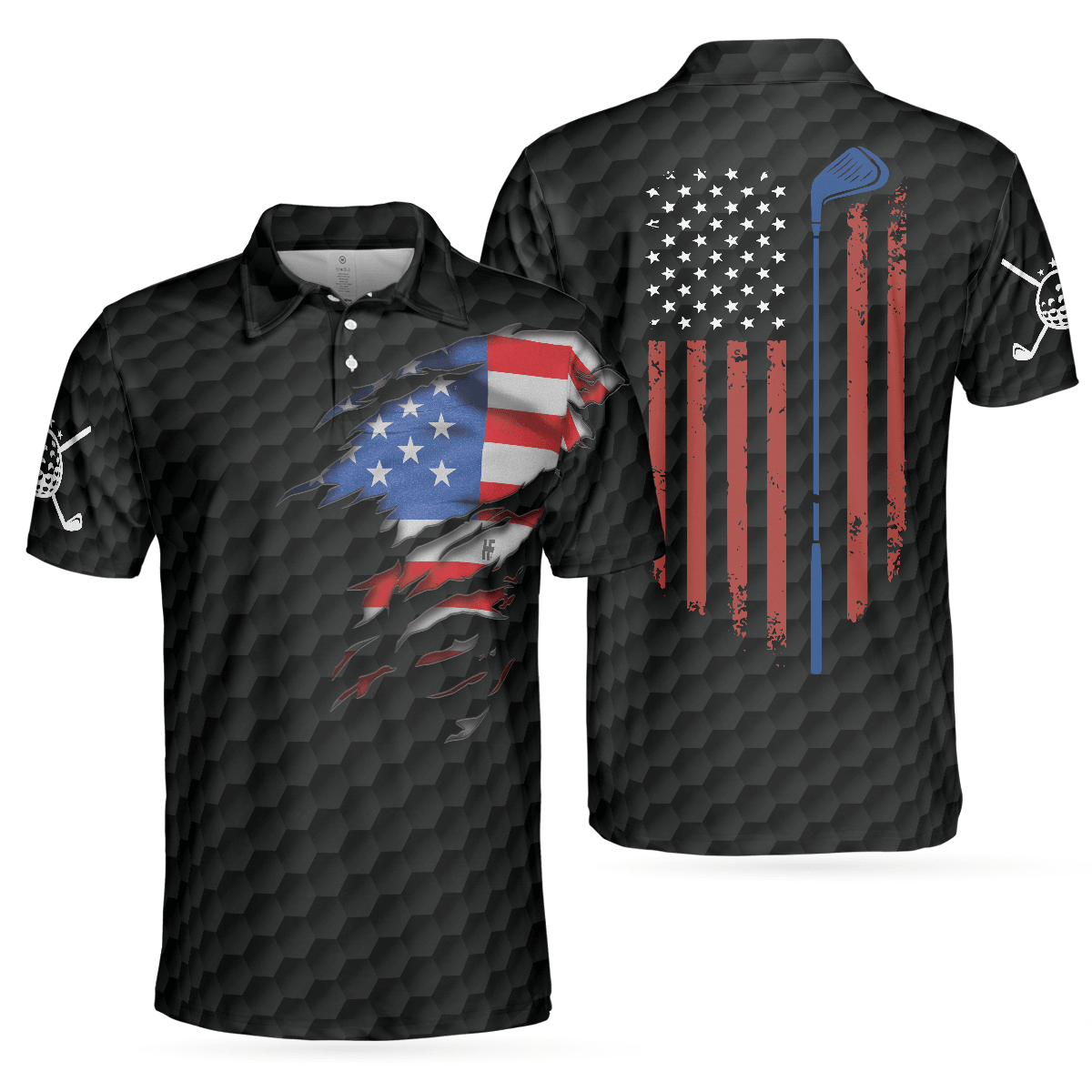 Men Golf Polo Shirt - US Flag Teared Golf Pattern Golf Men Polo Shirt, Best Golfing Shirt Design For Golfers - Perfect Polo Shirt For Men, Golfers - Amzanimalsgift