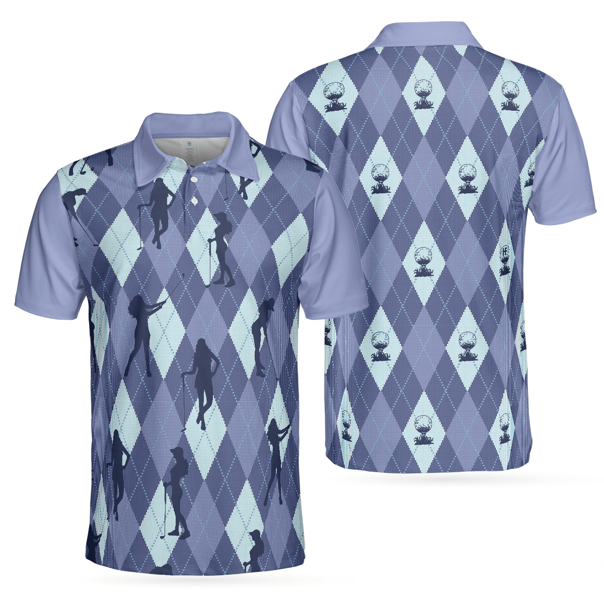 Men Golf Polo Shirt - Vintage Blue Palatte Girl Golf Polo Shirt,Argyle Pattern Girl Golfer Silhouette Polo Shirt,Fun Golf Shirt - Perfect Gift For Men - Amzanimalsgift