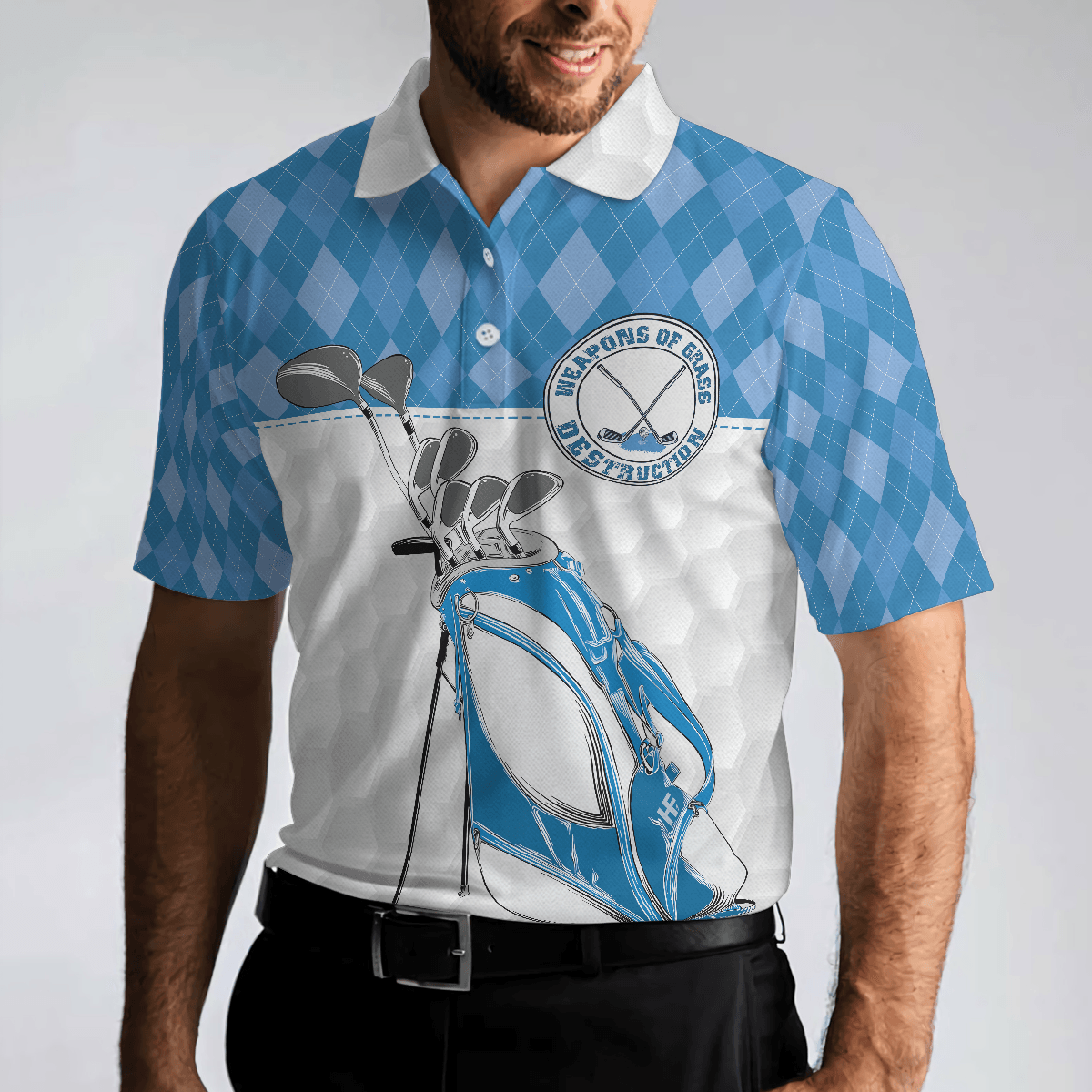 Men Golf Polo Shirt, Weapons Of Grass Destruction Polo Shirt, Golf Texture Blue Argyle Pattern Polo Shirt - Best Golf Shirt For Men, Golfers - Amzanimalsgift