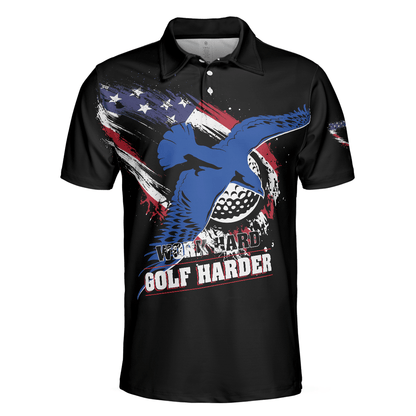 Men Golf Polo Shirt - Work hard Golf harder Albatross American Flag Polo Shirt, Golf Shirt For Men, Gift For Golfers - Amzanimalsgift