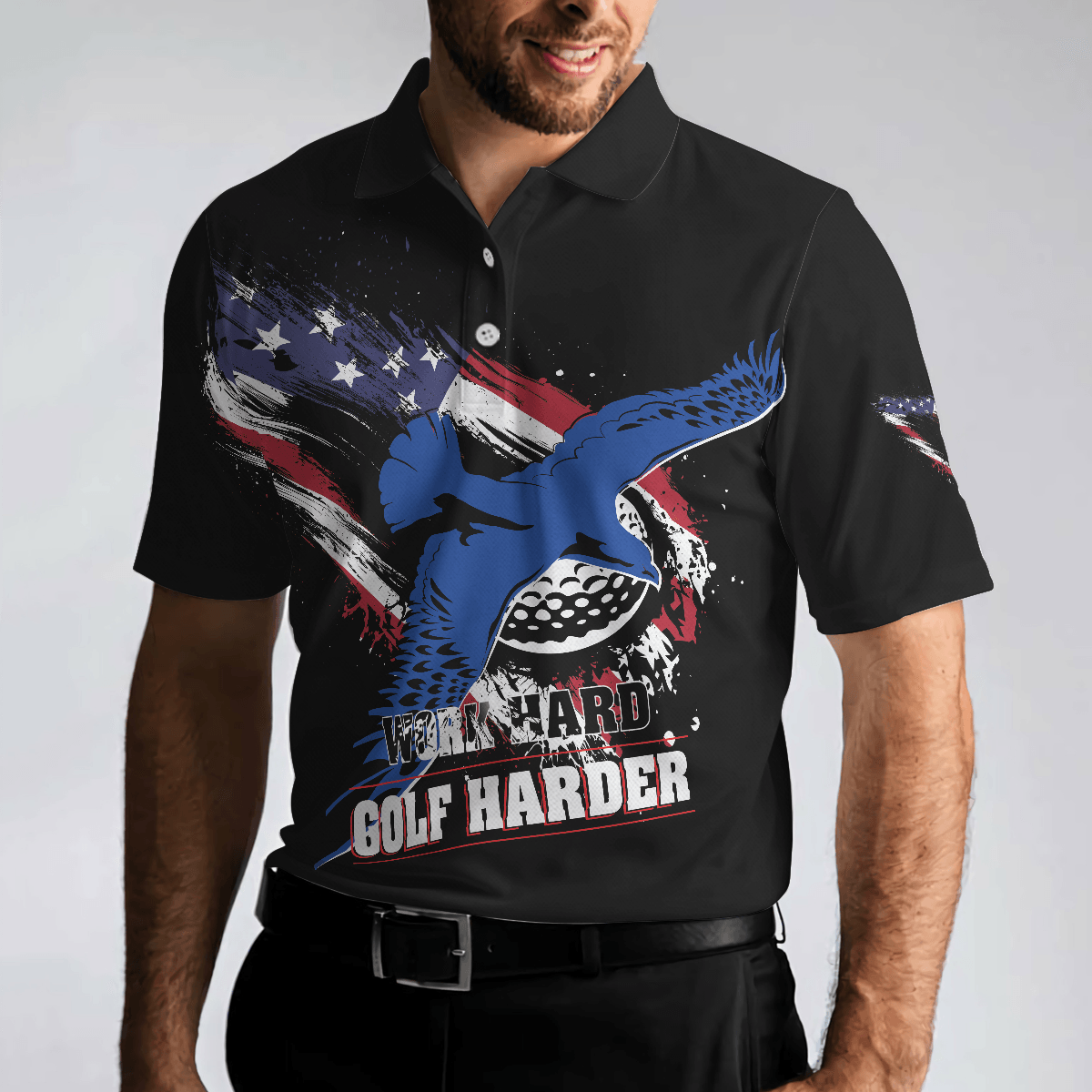 Men Golf Polo Shirt - Work hard Golf harder Albatross American Flag Polo Shirt, Golf Shirt For Men, Gift For Golfers - Amzanimalsgift