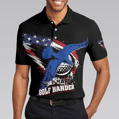 Men Golf Polo Shirt - Work hard Golf harder Albatross American Flag Polo Shirt, Golf Shirt For Men, Gift For Golfers - Amzanimalsgift