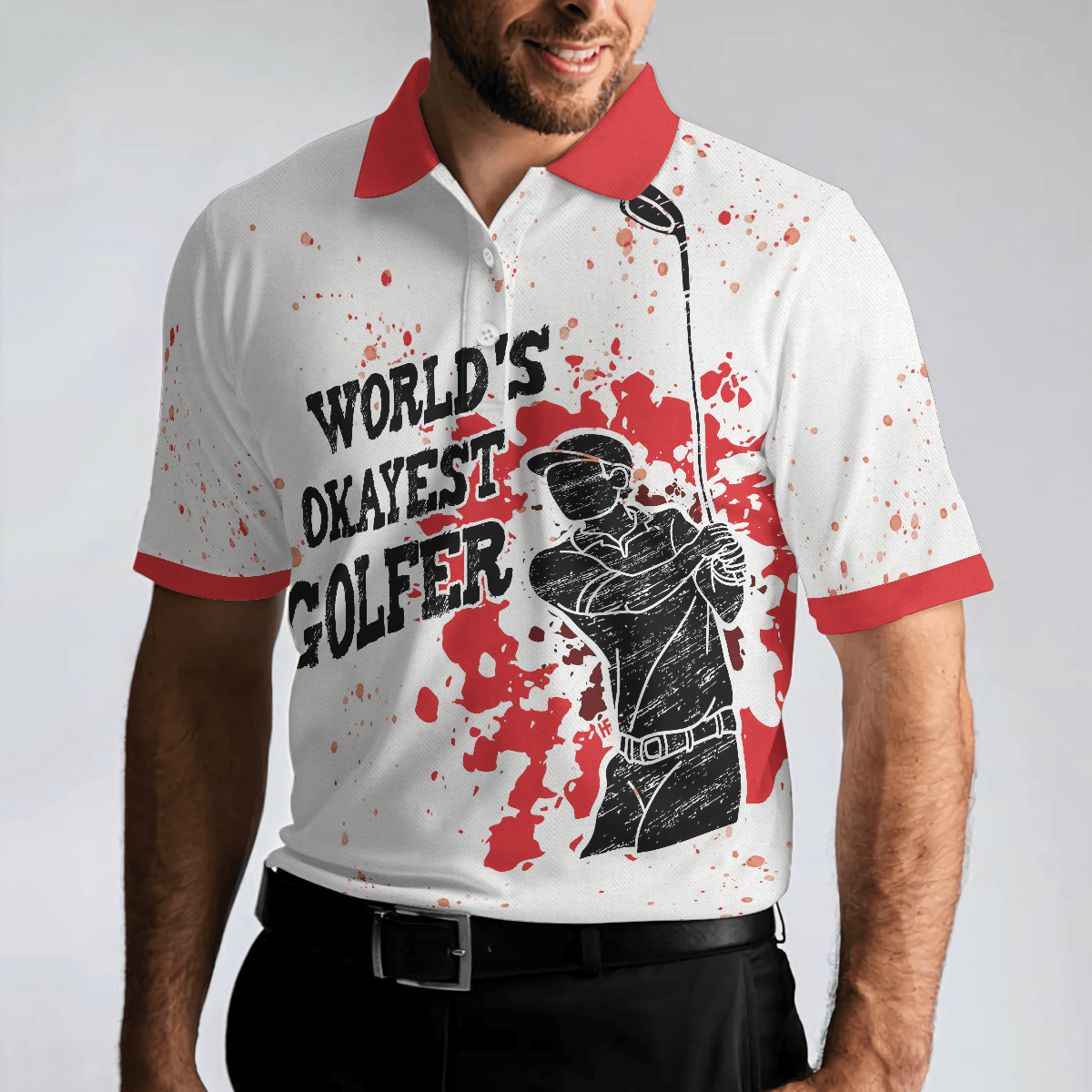 Men Golf Polo Shirt - World's Okayest Golfer Golf Polo Shirt, Red Paint Splash Black Golfer Silhouette Polo Shirt, Best Golf Shirt For Men - Amzanimalsgift