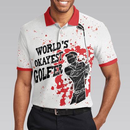 Men Golf Polo Shirt - World's Okayest Golfer Golf Polo Shirt, Red Paint Splash Black Golfer Silhouette Polo Shirt, Best Golf Shirt For Men - Amzanimalsgift
