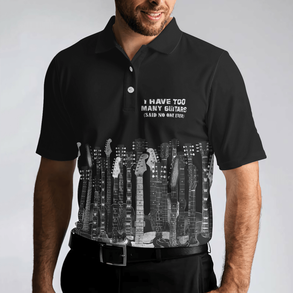 Men Guitar Polo Shirt - I Have Too Many Guitars Black Polo Shirt, Guitarist Polo Shirt, Best Guitar Shirt For Men - Amzanimalsgift