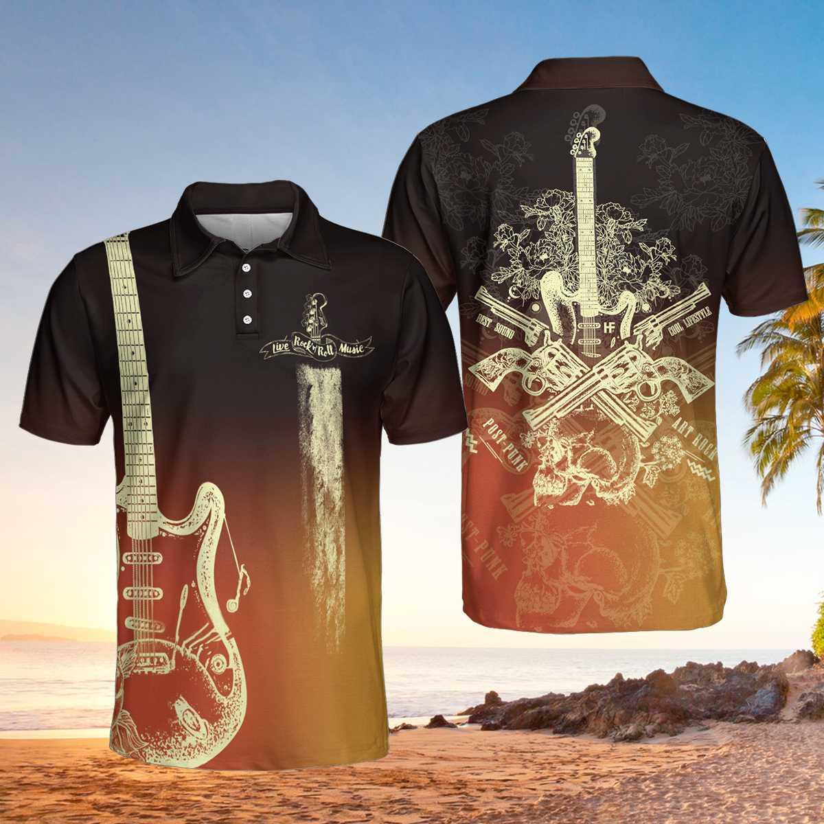 Men Guitar Polo Shirt - Live Rock And Roll Music Guitar Polo Shirt, Golden Sixer Gun Polo Shirt, Best Guitar Shirt For Men - Amzanimalsgift