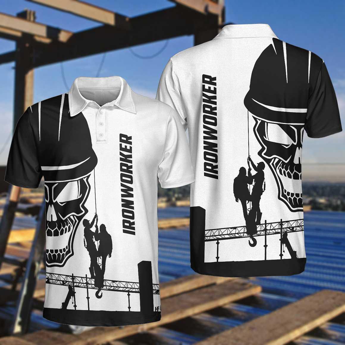 Men Ironworker Polo Shirt - Ironworker Skull Polo Shirt, Black Silhouette Skull Polo Shirt, Ironworker Shirt For Men - Amzanimalsgift