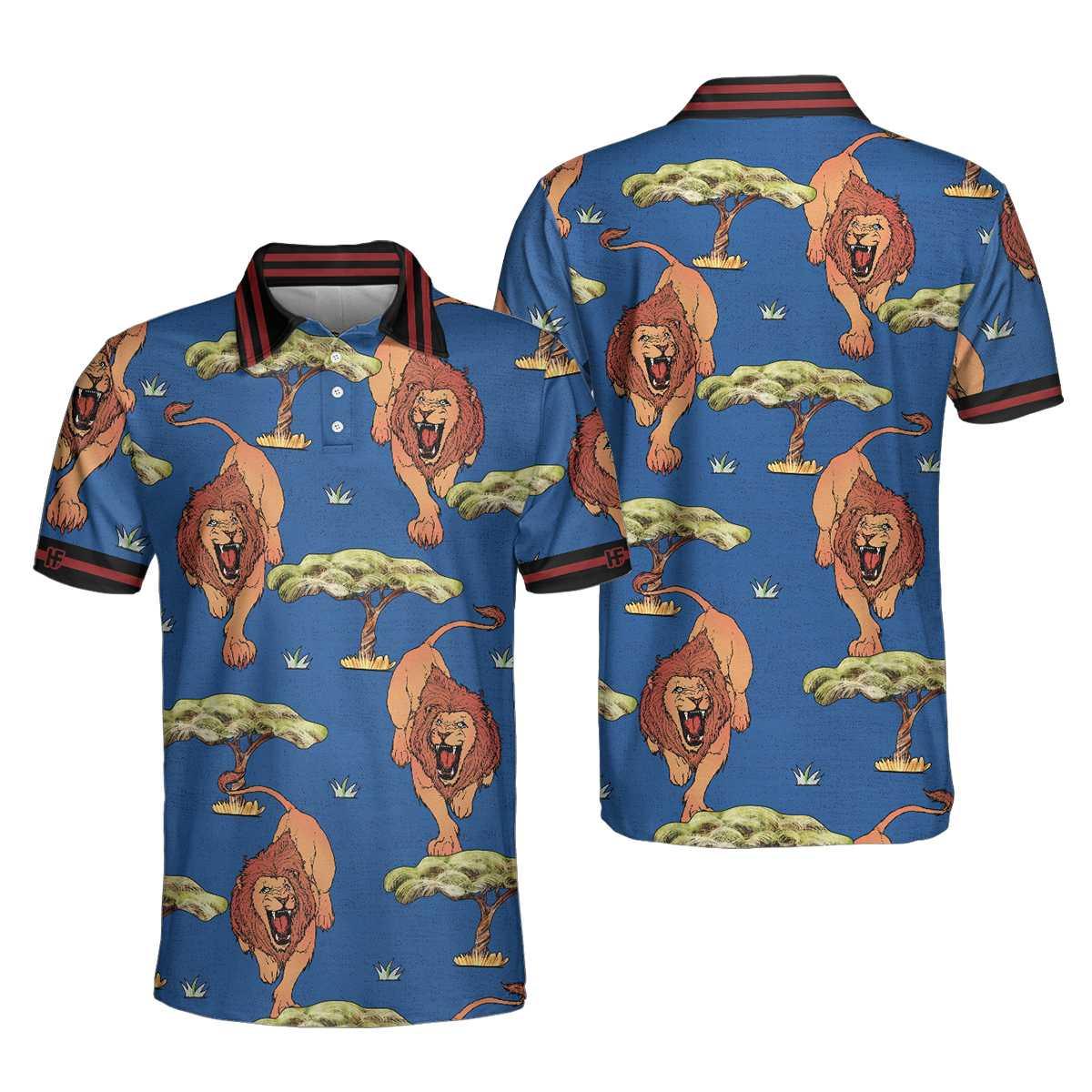 Men Lion Polo Shirt - Luxury Lion King Polo Shirt - Blue Savanna Biome Lion Pattern Polo Shirt, Cool Lion Shirt For Men - Amzanimalsgift