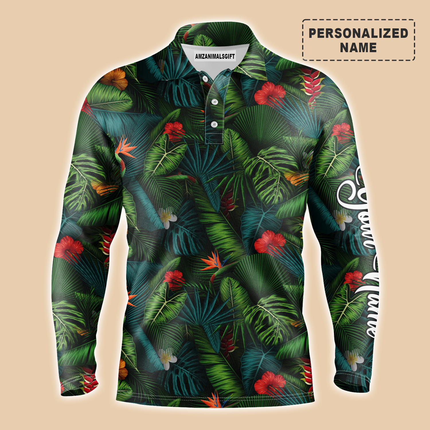 Tropical Summer Leaves Background Long Sleeve Polo Shirt Custom Name Golf Outfit For Men, Women