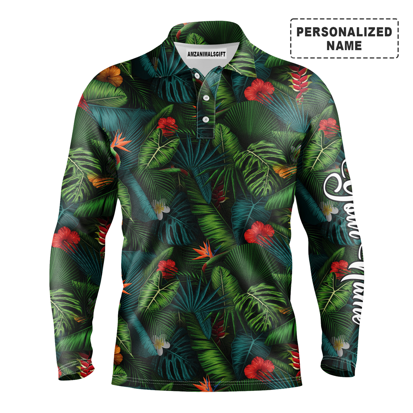Tropical Summer Leaves Background Long Sleeve Polo Shirt Custom Name Golf Outfit For Men, Women