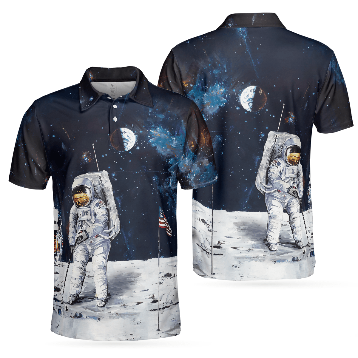 Men Polo Shirt - Astronaut Moon Golf Men Polo Shirt, American Flag Men Polo Shirt - Perfect Gift For Men, Golfers - Amzanimalsgift