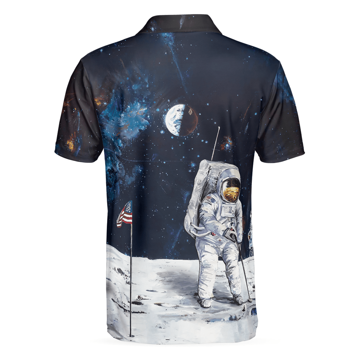 Men Polo Shirt - Astronaut Moon Golf Men Polo Shirt, American Flag Men Polo Shirt - Perfect Gift For Men, Golfers - Amzanimalsgift