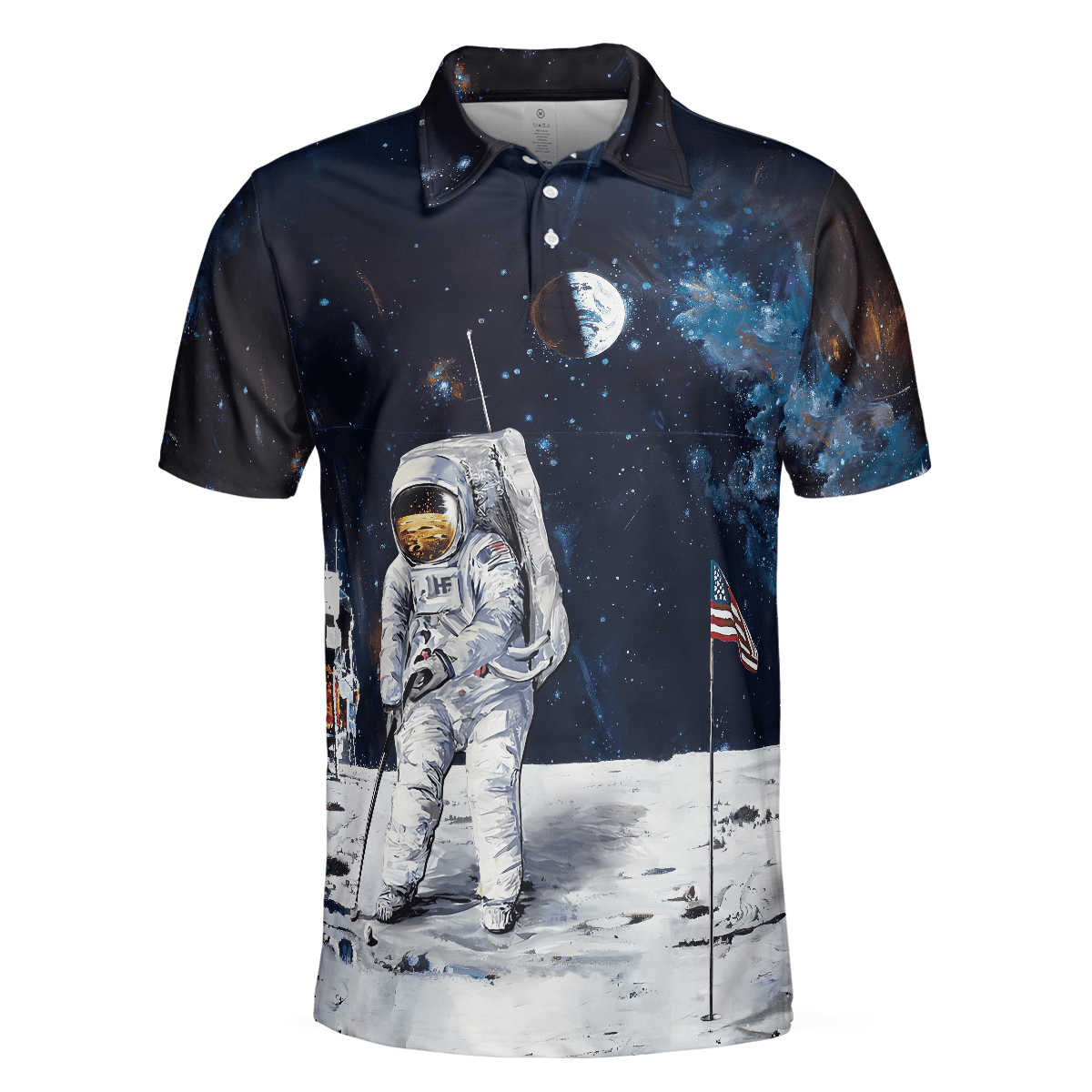 Men Polo Shirt - Astronaut Moon Golf Men Polo Shirt, American Flag Men Polo Shirt - Perfect Gift For Men, Golfers - Amzanimalsgift