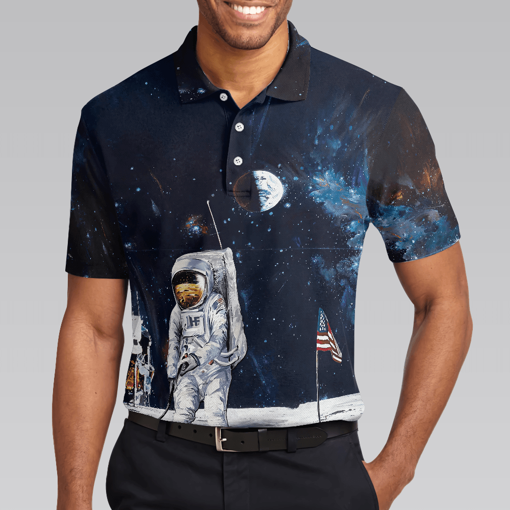 Men Polo Shirt - Astronaut Moon Golf Men Polo Shirt, American Flag Men Polo Shirt - Perfect Gift For Men, Golfers - Amzanimalsgift