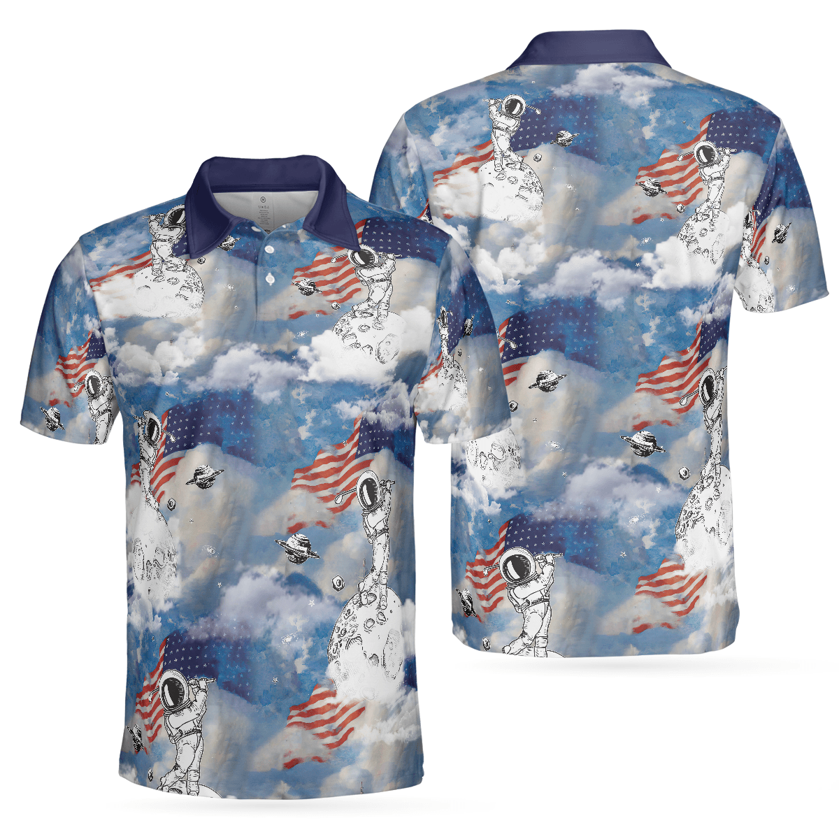 Men Polo Shirt - Astronaut Plays Golf In Space American Flag Men Polo Shirt - Cloud Golfing Men Polo Shirt - Perfect Gift For Men, Golfer - Amzanimalsgift