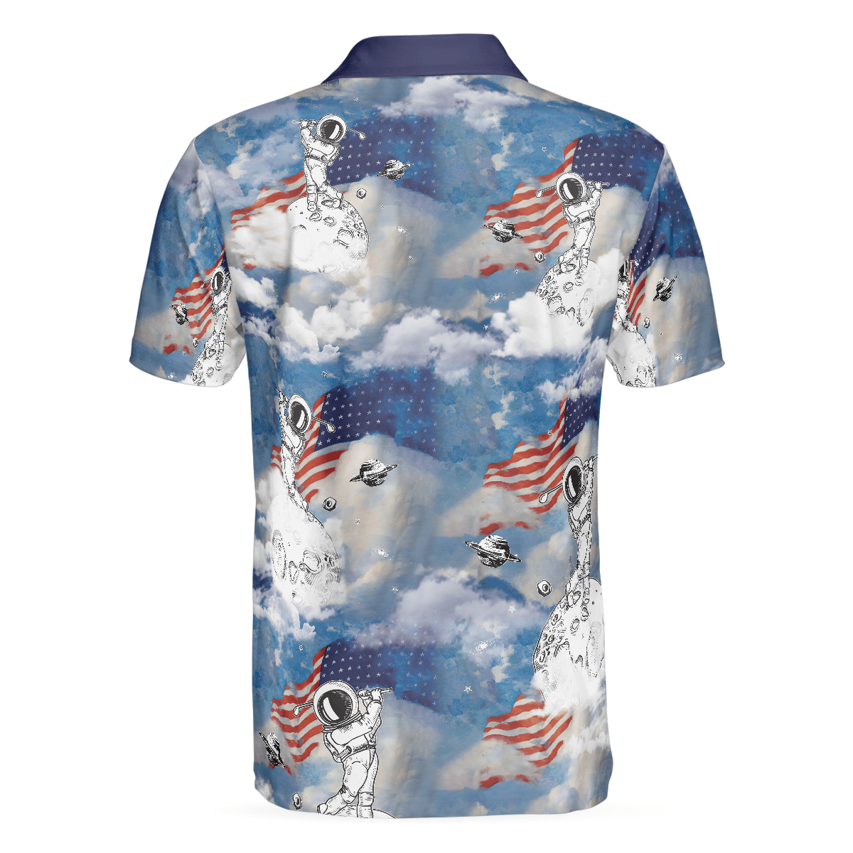 Men Polo Shirt - Astronaut Plays Golf In Space American Flag Men Polo Shirt - Cloud Golfing Men Polo Shirt - Perfect Gift For Men, Golfer - Amzanimalsgift