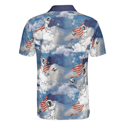 Men Polo Shirt - Astronaut Plays Golf In Space American Flag Men Polo Shirt - Cloud Golfing Men Polo Shirt - Perfect Gift For Men, Golfer - Amzanimalsgift