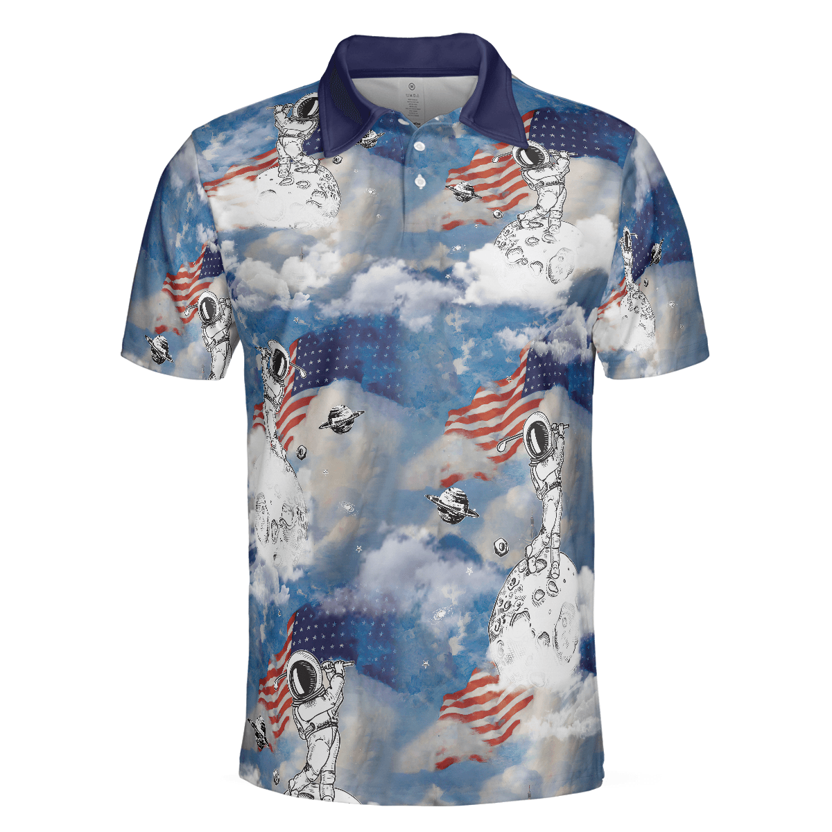 Men Polo Shirt - Astronaut Plays Golf In Space American Flag Men Polo Shirt - Cloud Golfing Men Polo Shirt - Perfect Gift For Men, Golfer - Amzanimalsgift