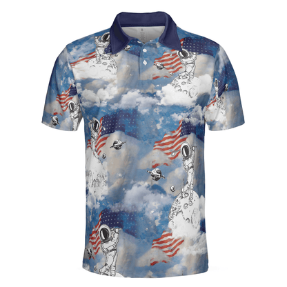 Men Polo Shirt - Astronaut Plays Golf In Space American Flag Men Polo Shirt - Cloud Golfing Men Polo Shirt - Perfect Gift For Men, Golfer - Amzanimalsgift