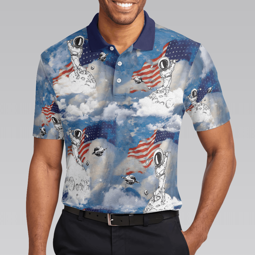 Men Polo Shirt - Astronaut Plays Golf In Space American Flag Men Polo Shirt - Cloud Golfing Men Polo Shirt - Perfect Gift For Men, Golfer - Amzanimalsgift