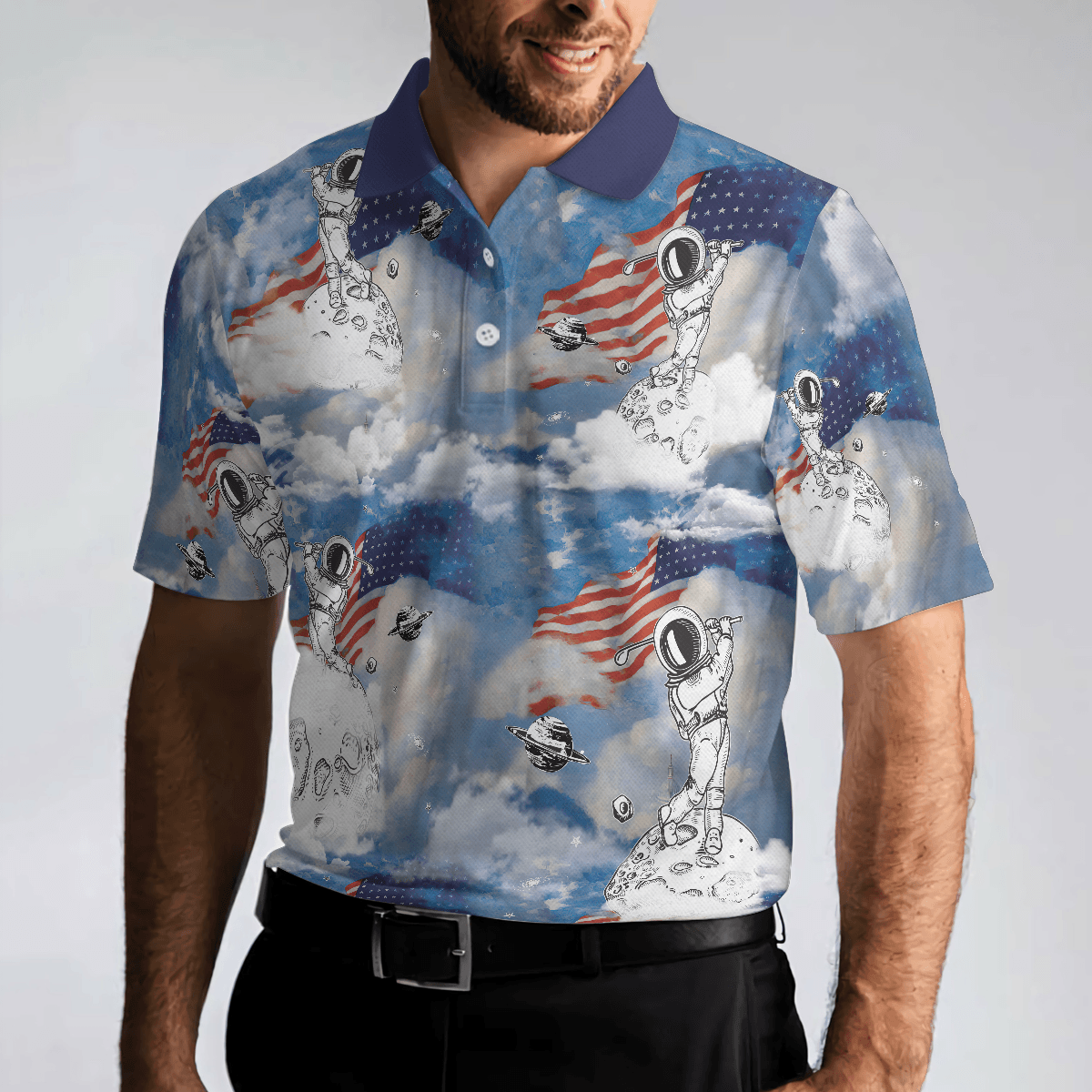 Men Polo Shirt - Astronaut Plays Golf In Space American Flag Men Polo Shirt - Cloud Golfing Men Polo Shirt - Perfect Gift For Men, Golfer - Amzanimalsgift