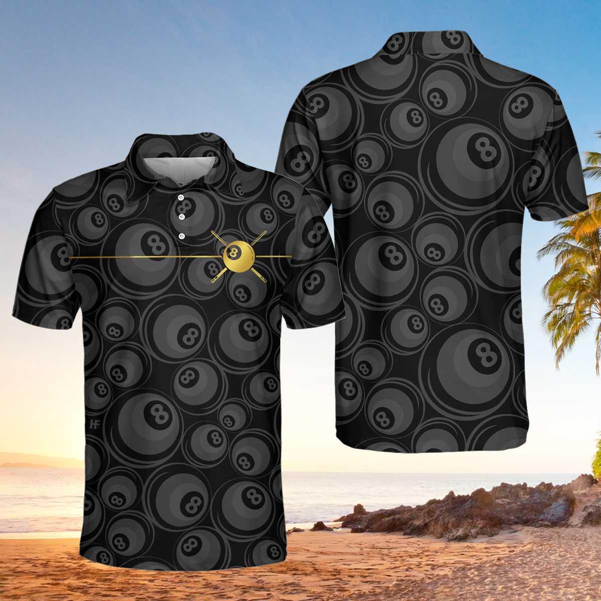 Men Polo Shirt - Billiards Black Background And Golden Pattern Polo Shirt - 8-ball Polo Shirt, Best Billiards Shirt For Men - Amzanimalsgift