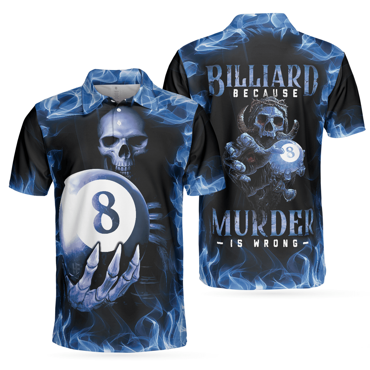 Men Polo Shirt - Billiards Murder Polo Shirt, Blue Flame Billiards Shirt Design - Skull Eight Ball Billiards Shirt For Men - Amzanimalsgift