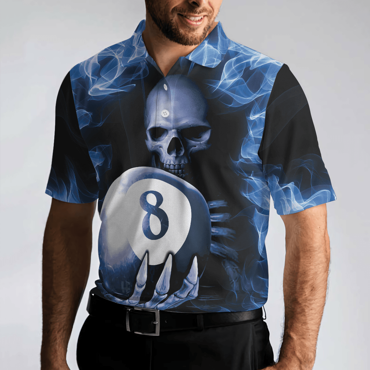 Men Polo Shirt - Billiards Murder Polo Shirt, Blue Flame Billiards Shirt Design - Skull Eight Ball Billiards Shirt For Men - Amzanimalsgift