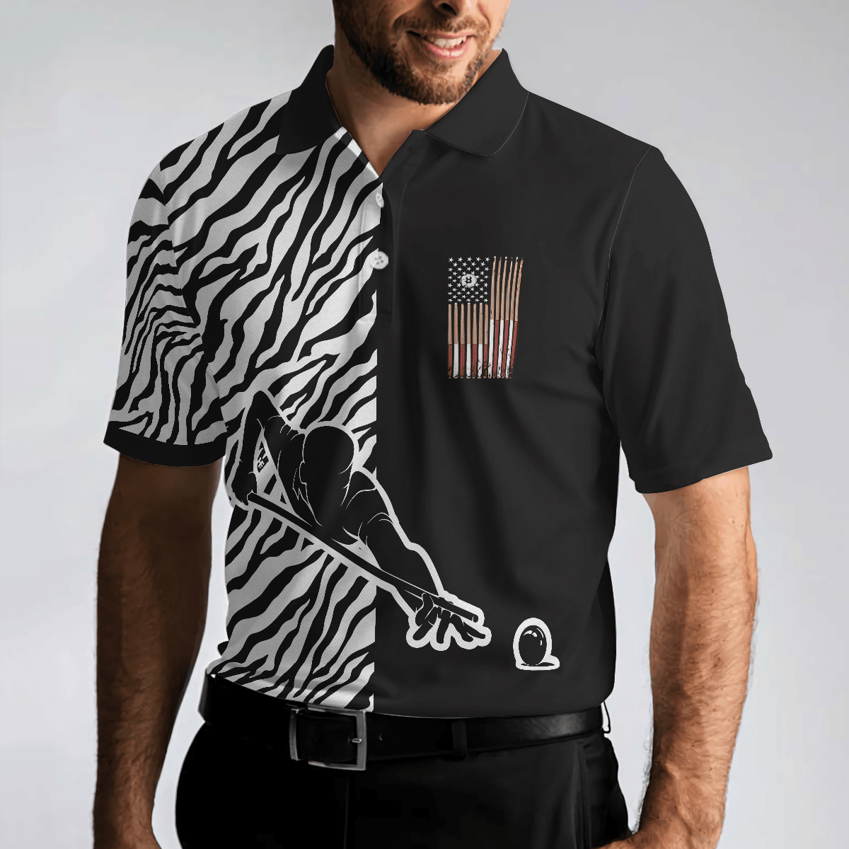 Men Polo Shirt - Billiards Zebra Polo Shirt, Cool Billiards Polo Shirt With Zebra Pattern, Best Pool Shirt For Pool Players - Amzanimalsgift