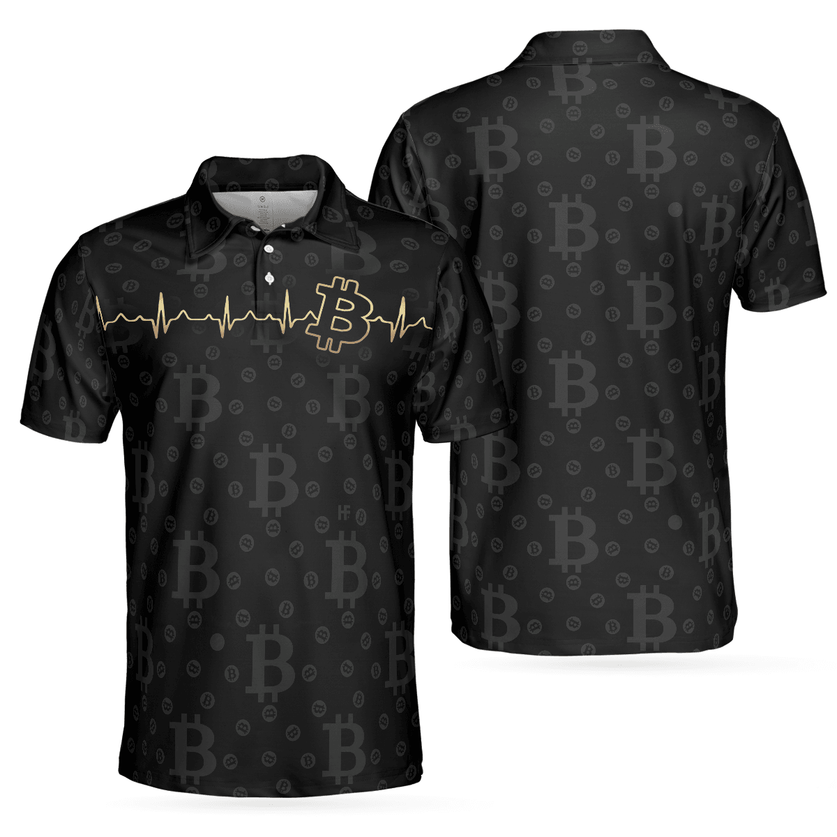 Men Polo Shirt - Bitcoin Golden Heartbeat Polo Shirt, Black Bitcoin Shirt For Adults, Cryptocurrency Short Sleeve Polo Shirt - Amzanimalsgift