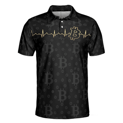 Men Polo Shirt - Bitcoin Golden Heartbeat Polo Shirt, Black Bitcoin Shirt For Adults, Cryptocurrency Short Sleeve Polo Shirt - Amzanimalsgift