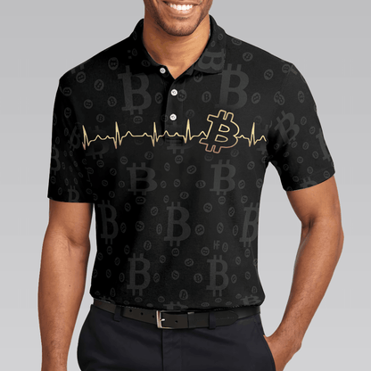 Men Polo Shirt - Bitcoin Golden Heartbeat Polo Shirt, Black Bitcoin Shirt For Adults, Cryptocurrency Short Sleeve Polo Shirt - Amzanimalsgift