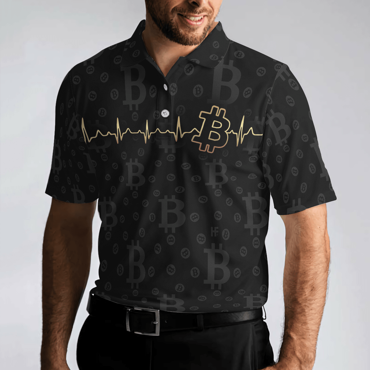 Men Polo Shirt - Bitcoin Golden Heartbeat Polo Shirt, Black Bitcoin Shirt For Adults, Cryptocurrency Short Sleeve Polo Shirt - Amzanimalsgift