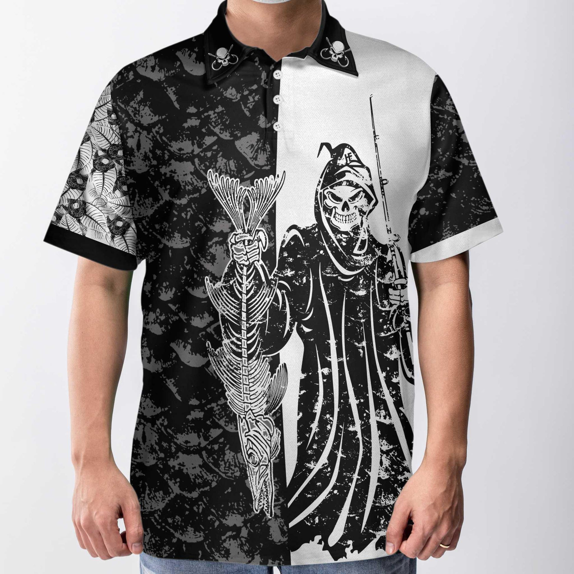 Men Polo Shirt - Black & White Fish Reaper With Grim Reaper Polo Shirt, Skull Polo Shirt, Best Fishing Shirt For Men - Amzanimalsgift