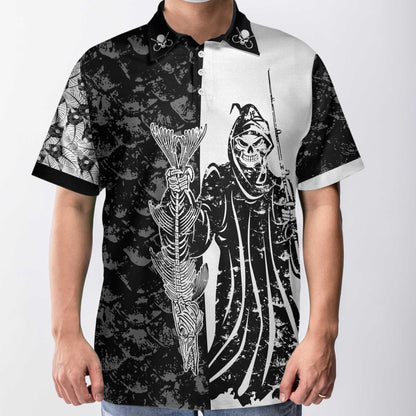 Men Polo Shirt - Black & White Fish Reaper With Grim Reaper Polo Shirt, Skull Polo Shirt, Best Fishing Shirt For Men - Amzanimalsgift