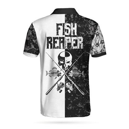 Men Polo Shirt - Black & White Fish Reaper With Grim Reaper Polo Shirt, Skull Polo Shirt, Best Fishing Shirt For Men - Amzanimalsgift