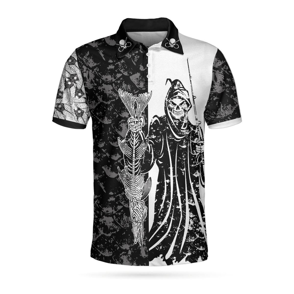 Men Polo Shirt - Black & White Fish Reaper With Grim Reaper Polo Shirt, Skull Polo Shirt, Best Fishing Shirt For Men - Amzanimalsgift