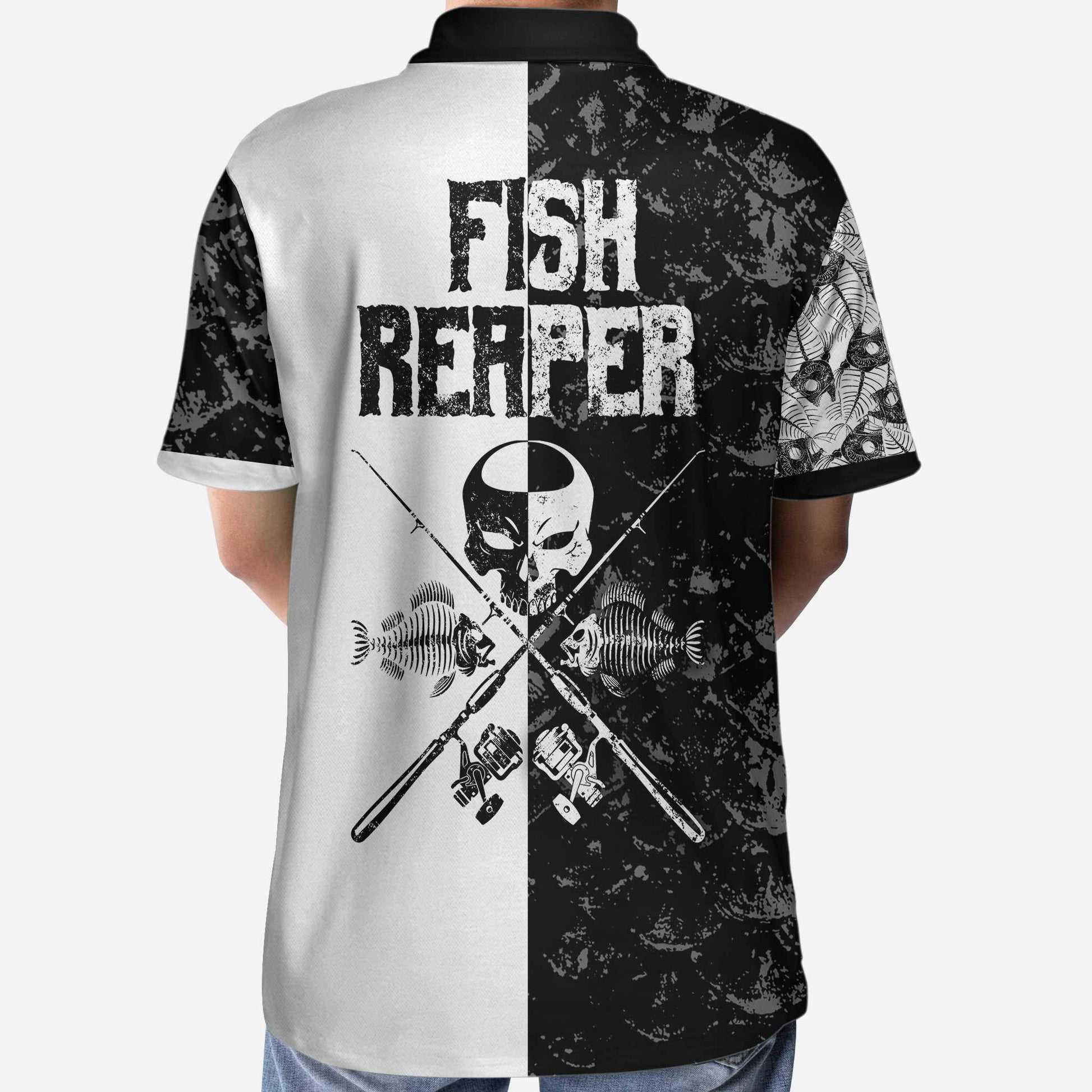 Men Polo Shirt - Black & White Fish Reaper With Grim Reaper Polo Shirt, Skull Polo Shirt, Best Fishing Shirt For Men - Amzanimalsgift