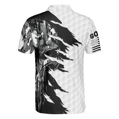 Men Polo Shirt - Black & White Ripped Vintage Golfing Clubs Skull Camouflage Polo Shirt, American Flag Polo Shirt, Camo Golf Shirt For Men - Amzanimalsgift