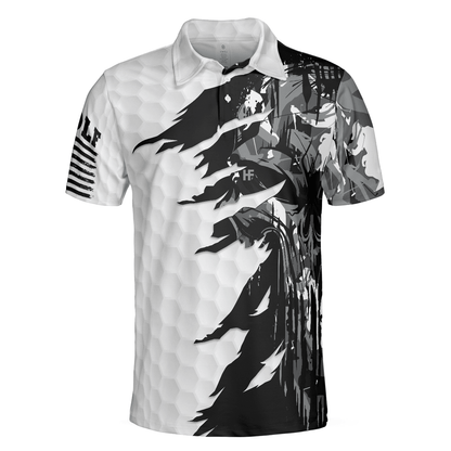 Men Polo Shirt - Black & White Ripped Vintage Golfing Clubs Skull Camouflage Polo Shirt, American Flag Polo Shirt, Camo Golf Shirt For Men - Amzanimalsgift