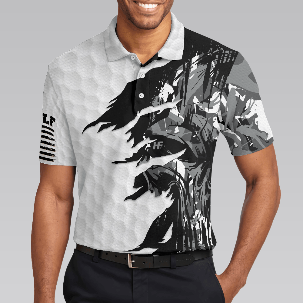 Men Polo Shirt - Black & White Ripped Vintage Golfing Clubs Skull Camouflage Polo Shirt, American Flag Polo Shirt, Camo Golf Shirt For Men - Amzanimalsgift
