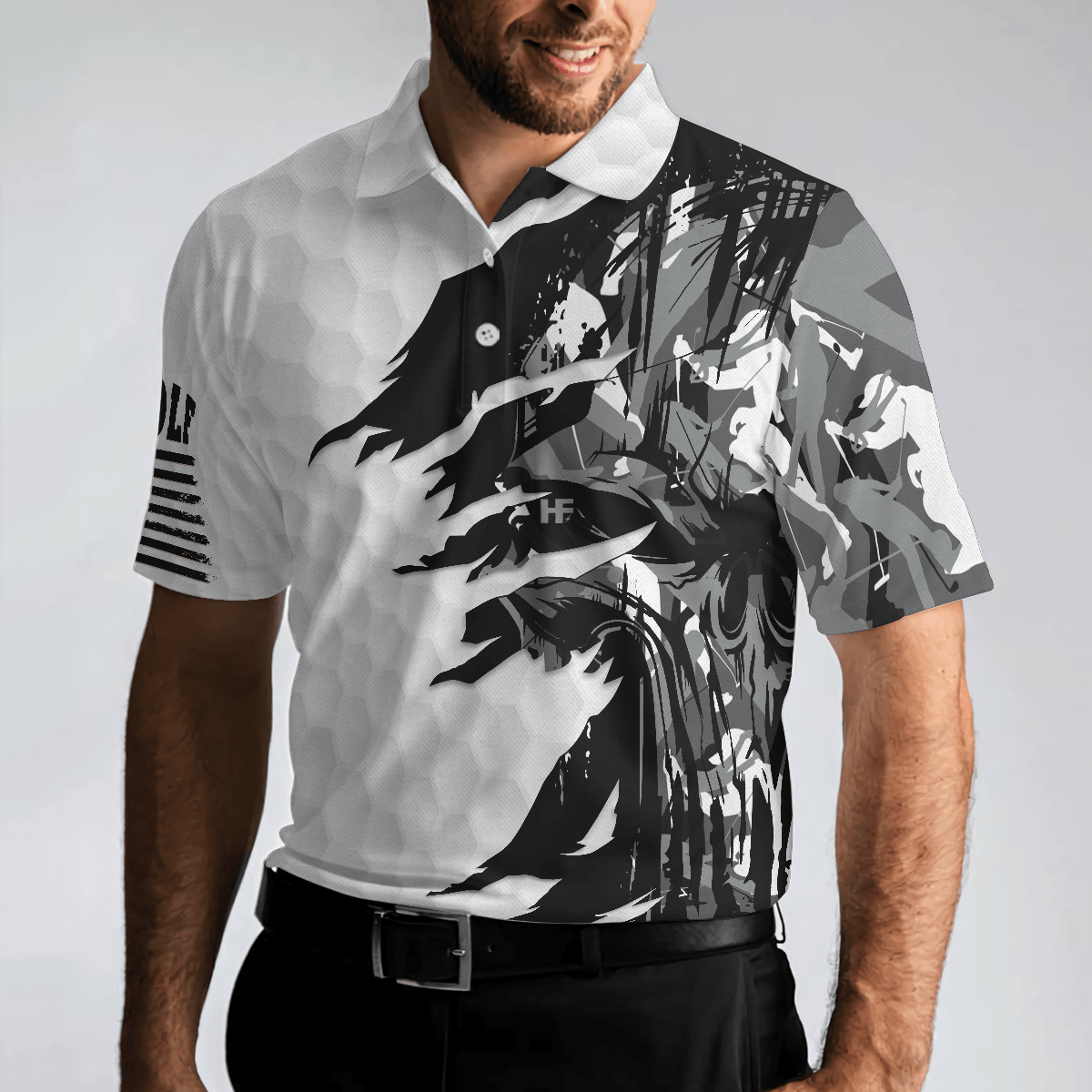 Men Polo Shirt - Black & White Ripped Vintage Golfing Clubs Skull Camouflage Polo Shirt, American Flag Polo Shirt, Camo Golf Shirt For Men - Amzanimalsgift