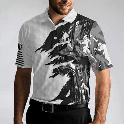 Men Polo Shirt - Black & White Ripped Vintage Golfing Clubs Skull Camouflage Polo Shirt, American Flag Polo Shirt, Camo Golf Shirt For Men - Amzanimalsgift